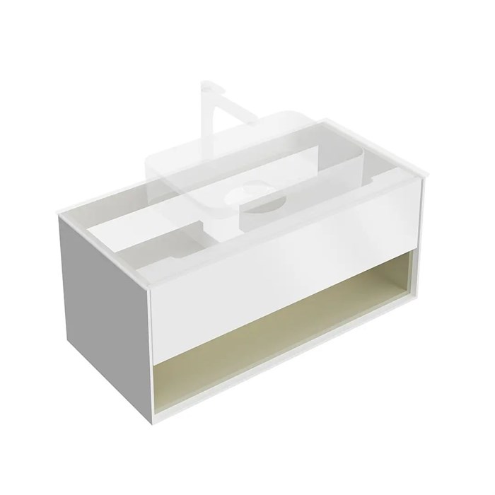 KMPMCb100MSg1 Тумба Plaza Modern/Плаза Модерн подвесная 100, нажимное открывание, 1 ящик, подсветка, белая матовая+шалфей - фото 90823